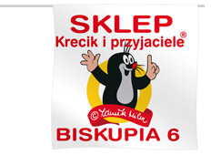 Flaga reklamowa o wymiarach 80cm x 80cm dla sklepu Krecik i przyjaciele